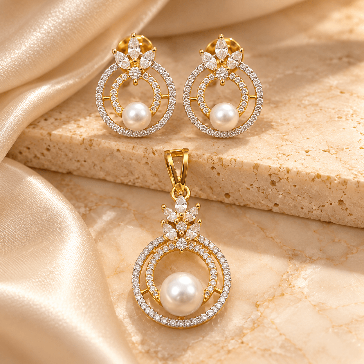 AD Pearl Halo Pendant & Butti Set — view 3
