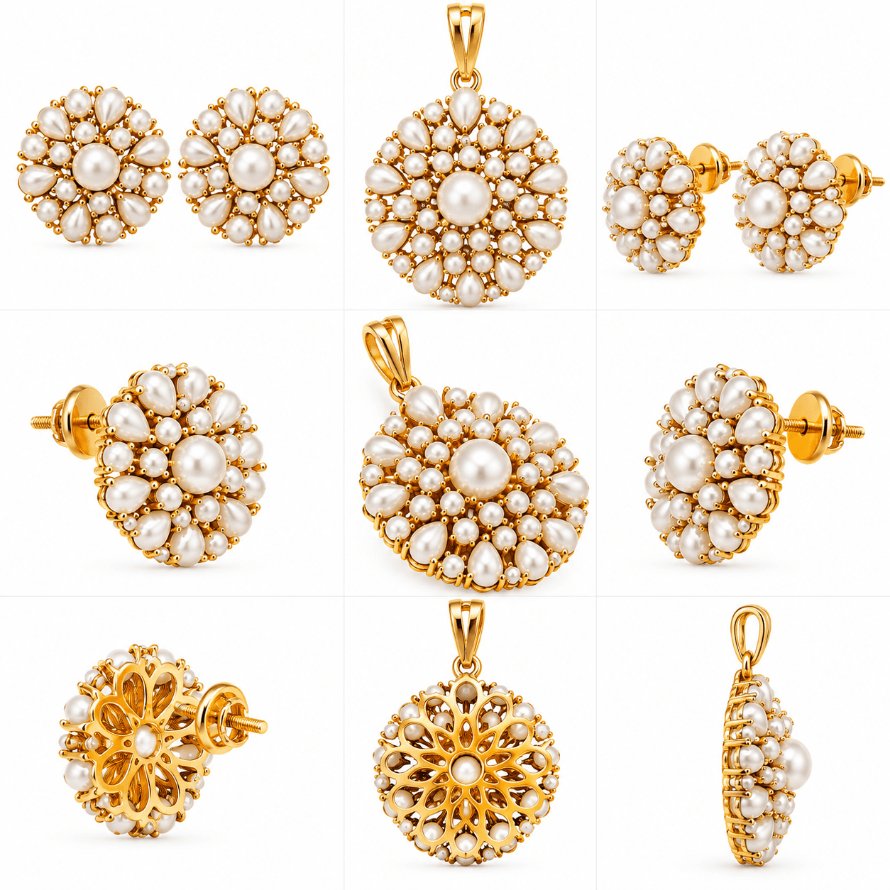 Gold Pearl Floral Pendant & Stud Earrings Set — view 3