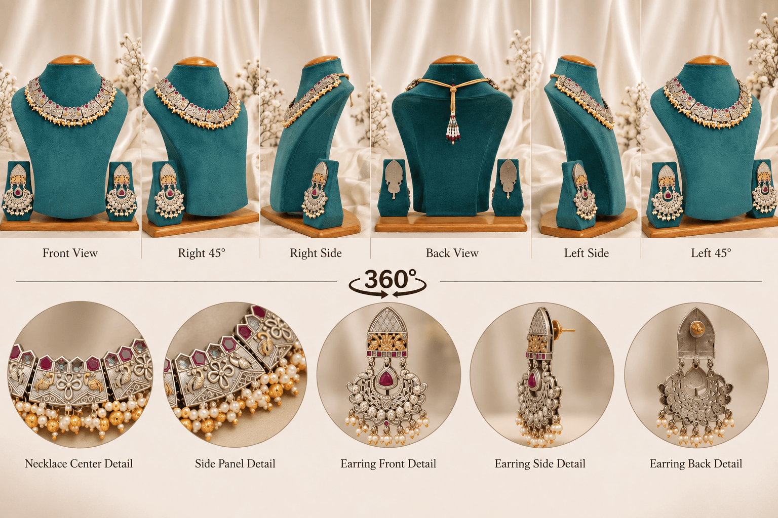 Original Jaipuri 2-Tone Oxidised Necklace Set – Ruby & Clear White — view 4