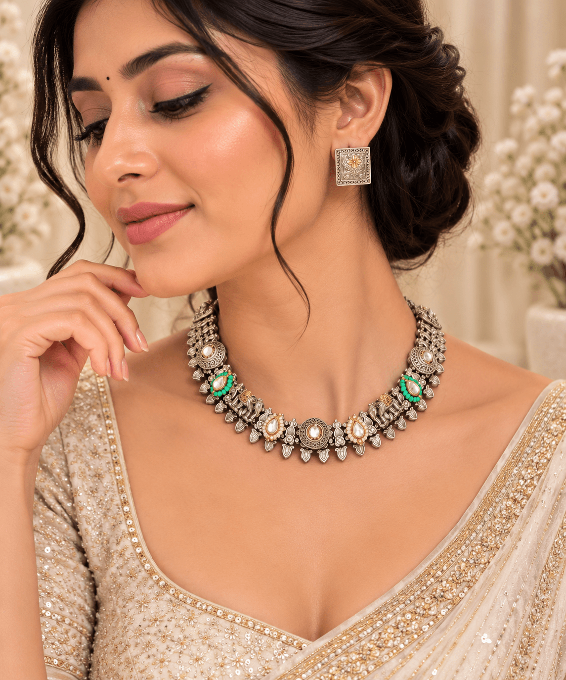 Original Jaipuri 2-Tone Fusion Oxidised Necklace Set – Kundan Multicolor