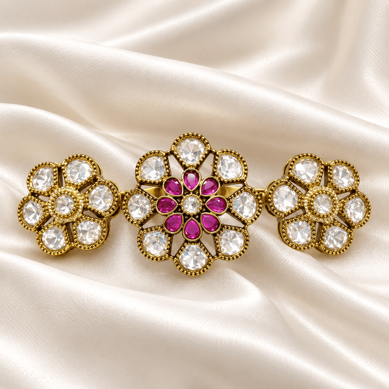 Antique Mehendi Polish Triple Flower Kundan Ring — view 1