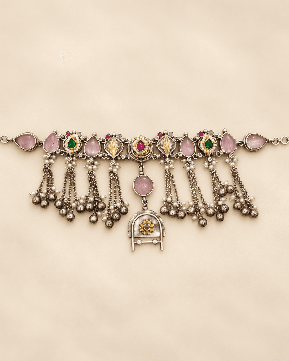 German Silver Baby Pink & Ruby-Green Choker Necklace Set — view 1
