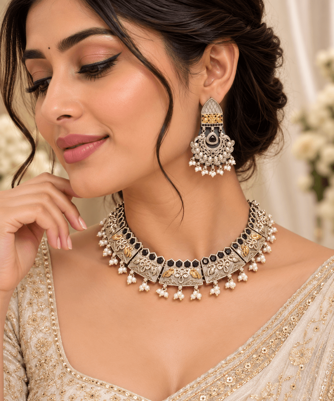 Original Jaipuri 2-Tone Oxidised Necklace Set – Black Stone — view 1