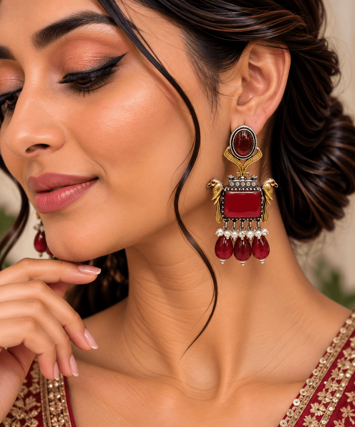 Original Jaipuri 2-Tone Oxidised Earrings – Red Stone