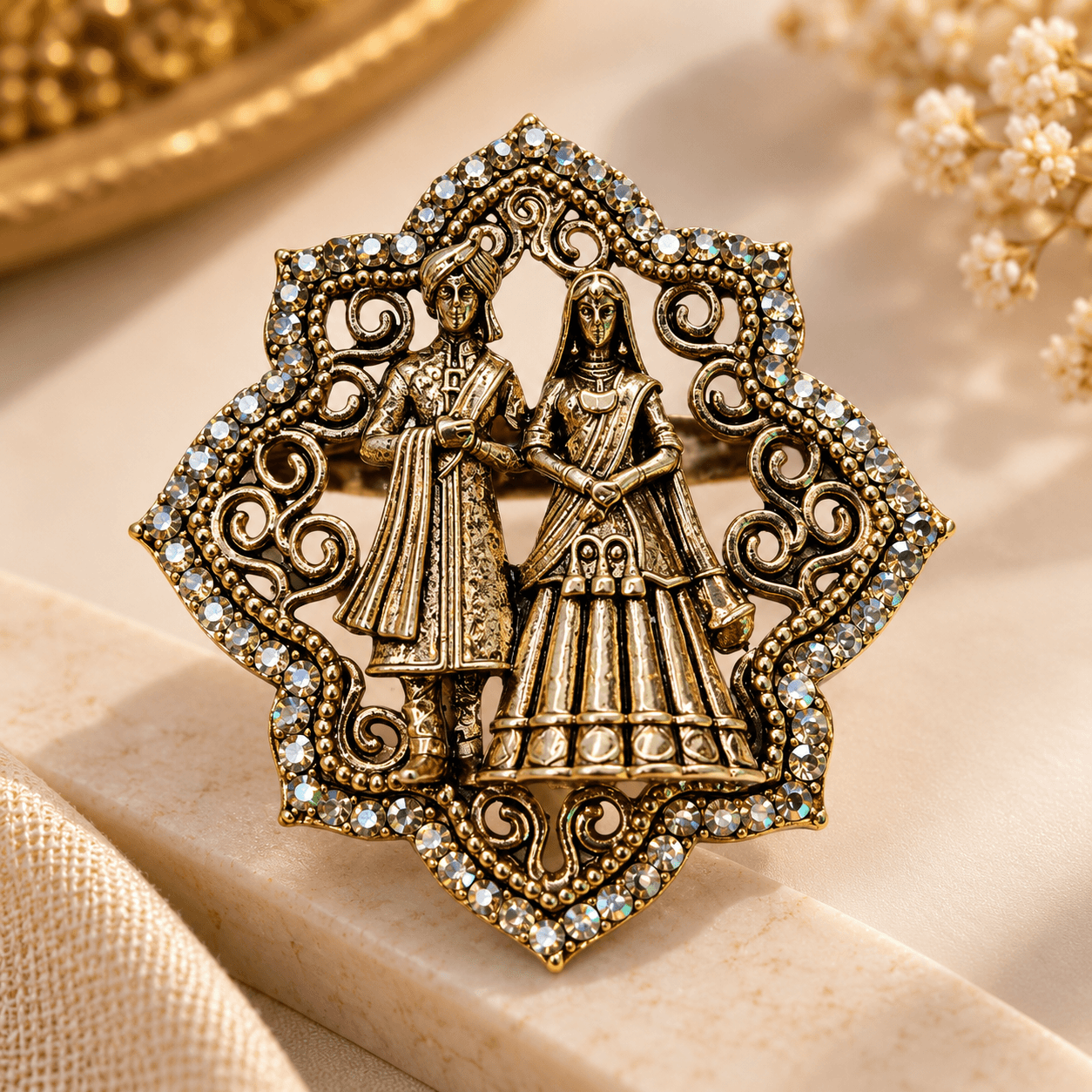 Antique Gold Dulha Dulhan Wedding Brooch — view 2