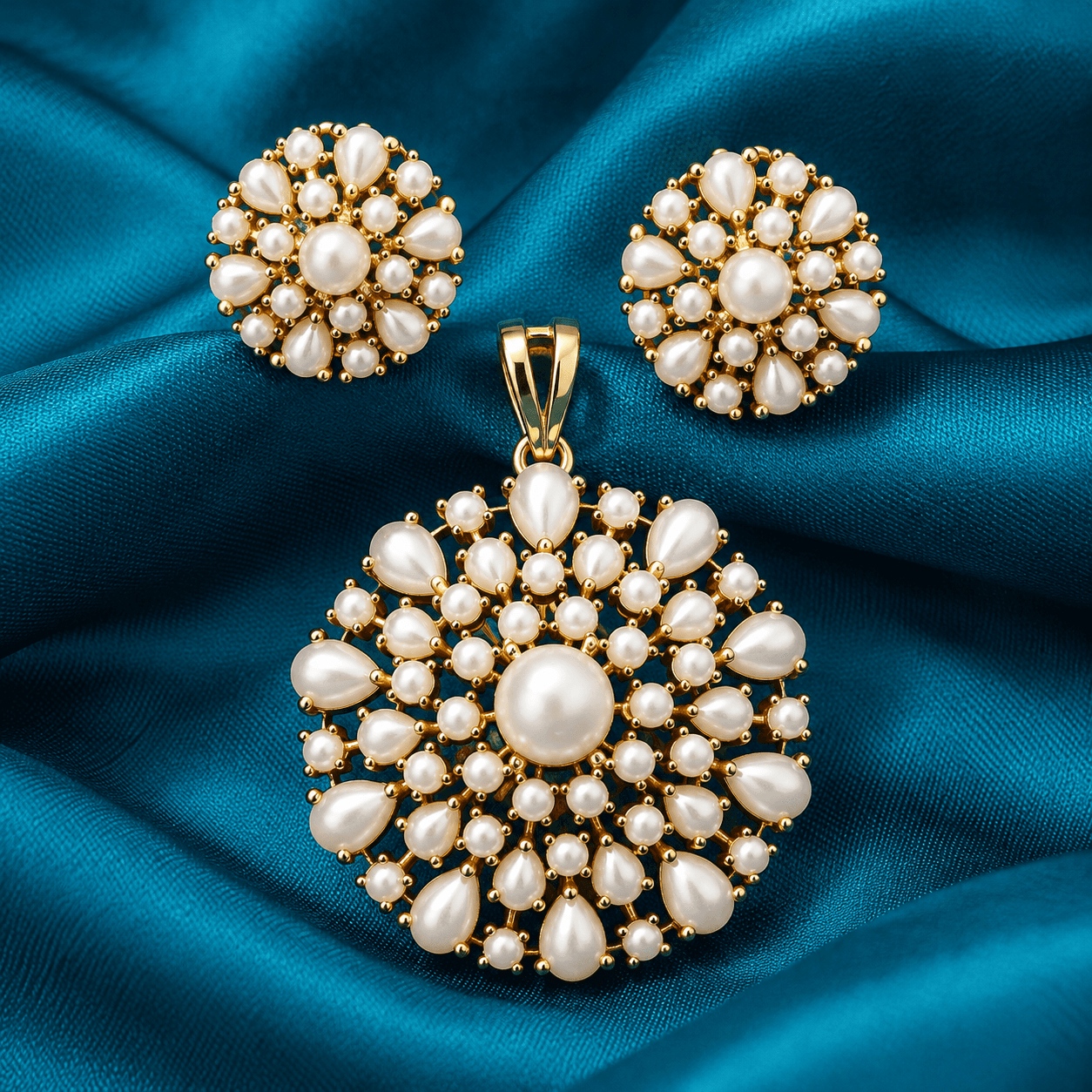 Gold Pearl Floral Pendant & Stud Earrings Set