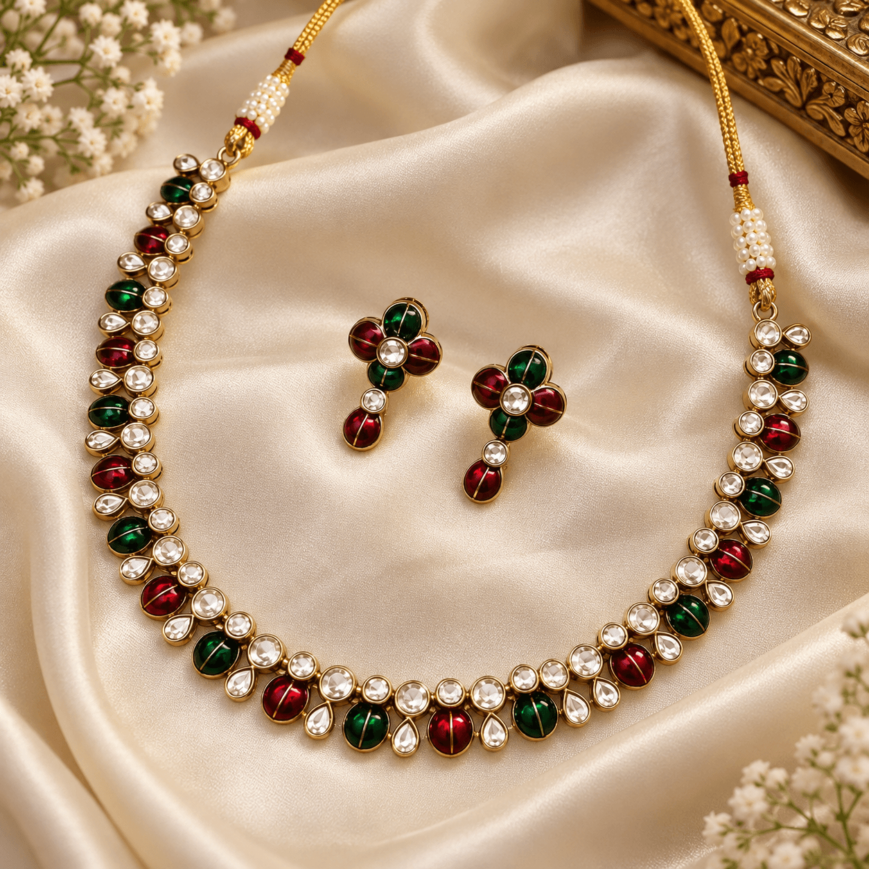 Mehendi Polish Red Green Meenakari Kundan Necklace Set