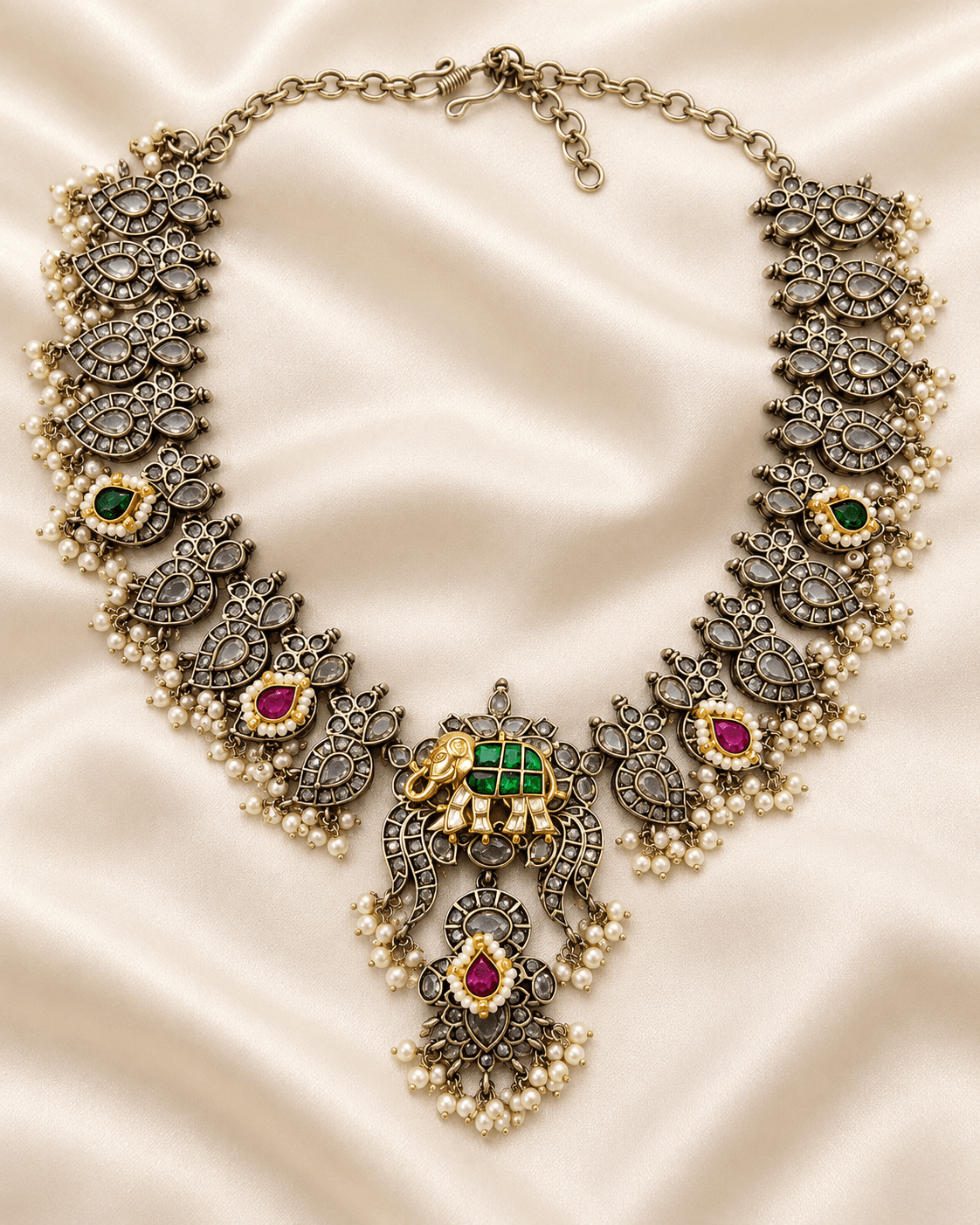 Jaipuri Oxidised German Silver Elephant Kundan Necklace Set — view 1