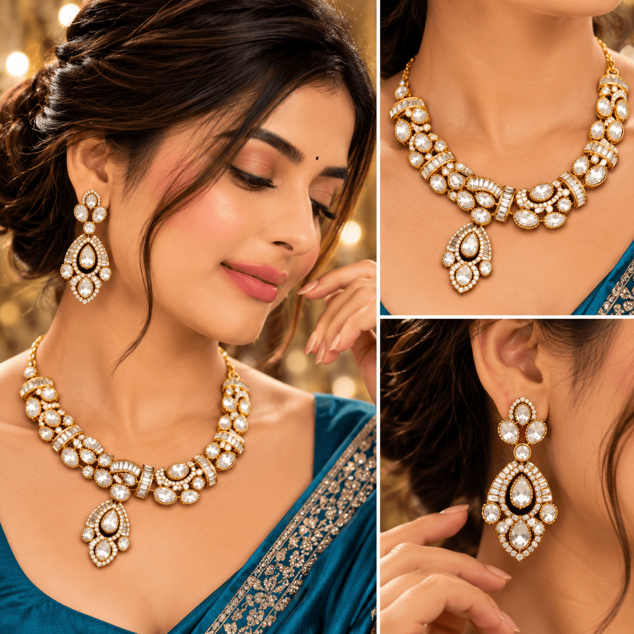 Mehendi Polish Clear AD Kundan Necklace Set with Maang Tikka — alternate angle
