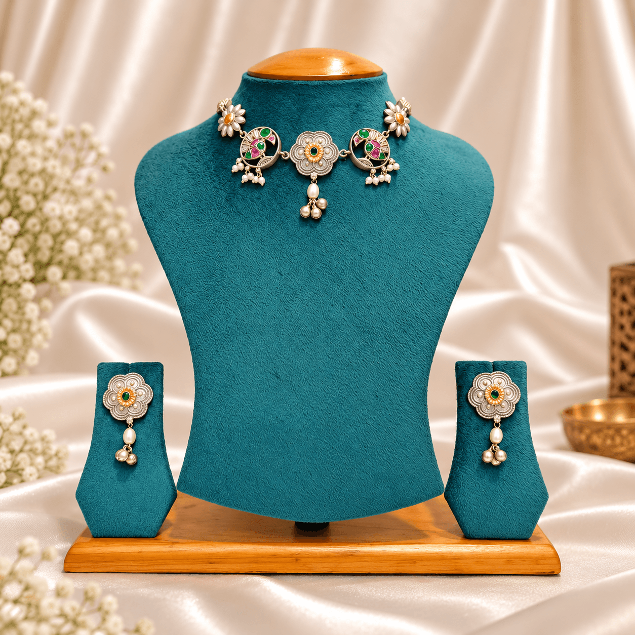 Original Jaipuri 2-Tone Oxidised Necklace Set – Ruby, Green & Moti — alternate angle