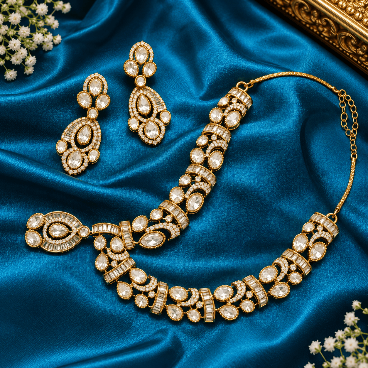 Mehendi Polish Clear AD Kundan Necklace Set with Maang Tikka
