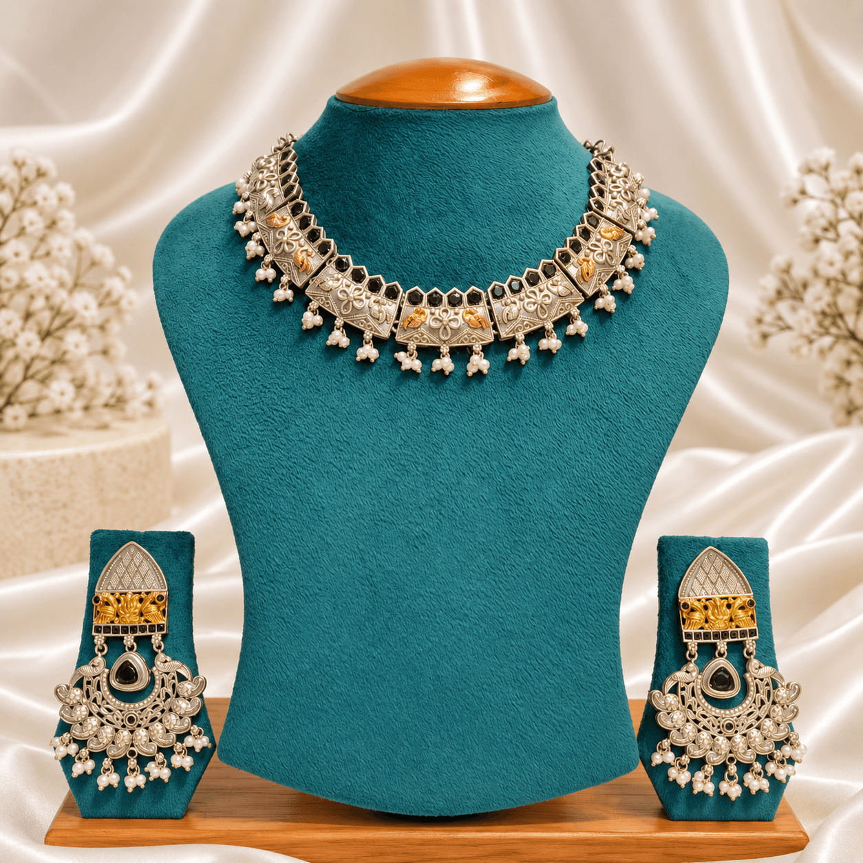 Original Jaipuri 2-Tone Oxidised Necklace Set – Black Stone — alternate angle