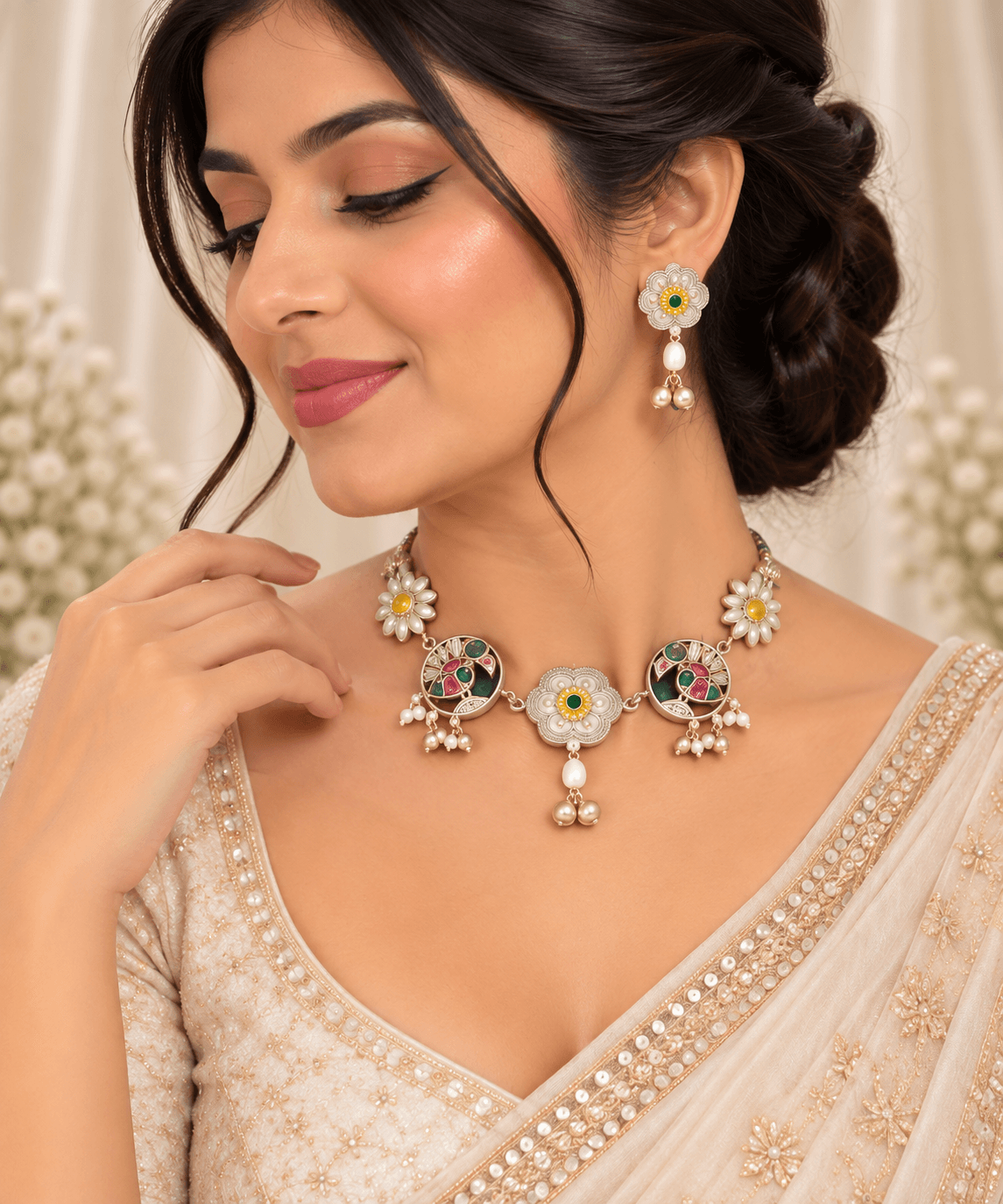 Original Jaipuri 2-Tone Oxidised Necklace Set – Ruby, Green & Moti