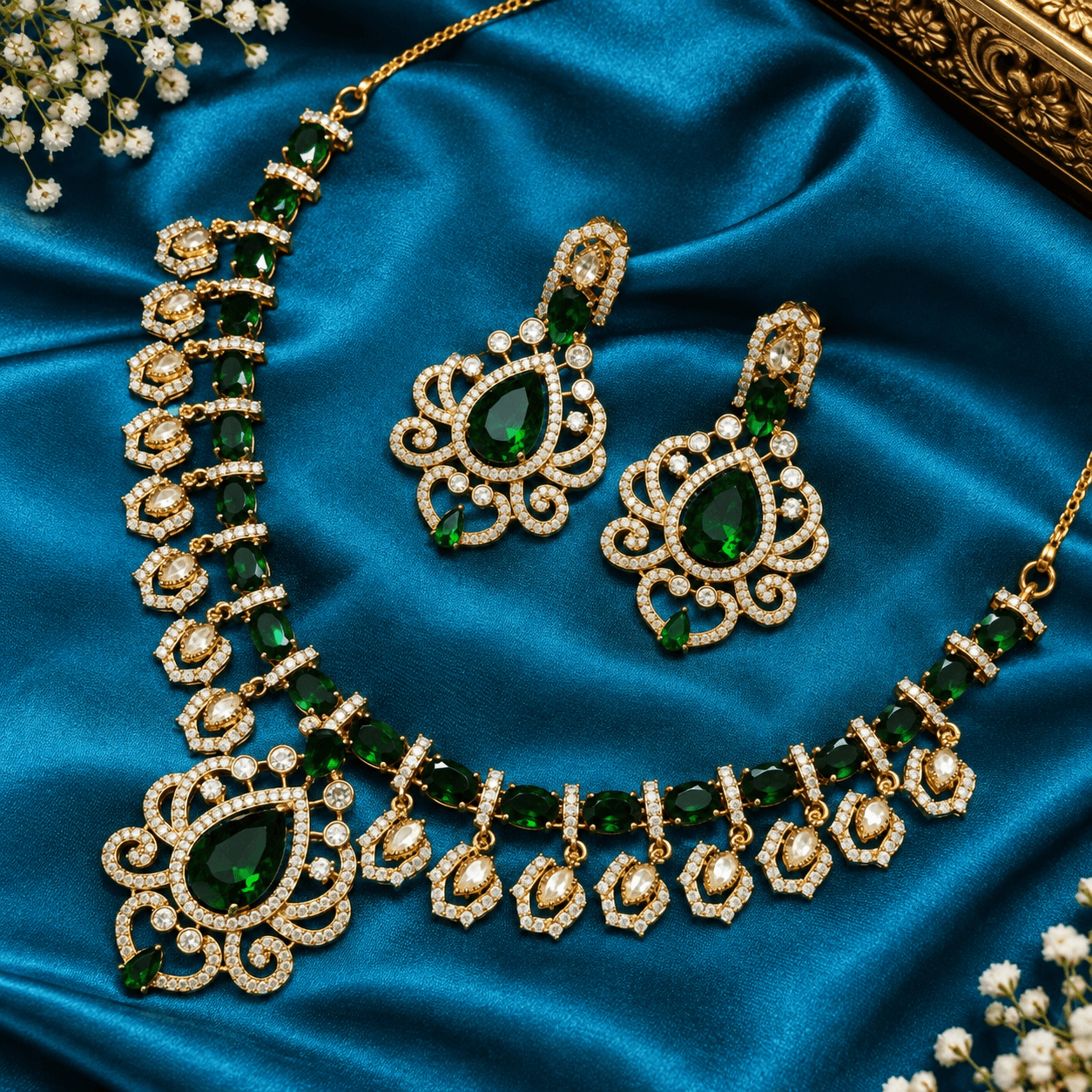 Mehendi Polish Green American Diamond Necklace Set — view 1
