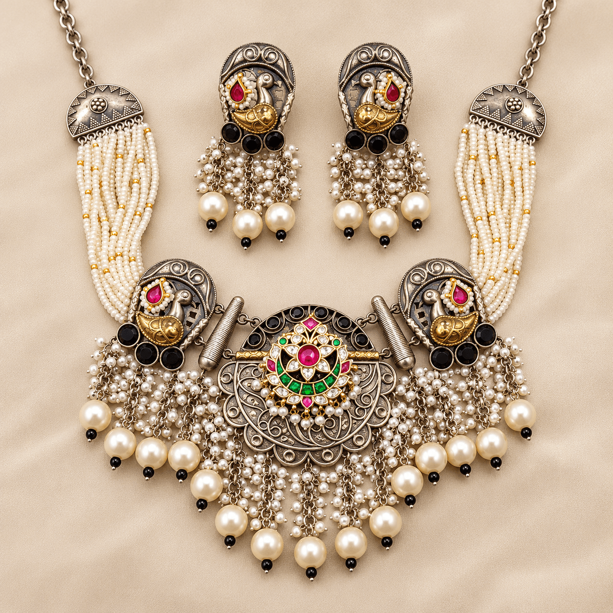 Royal Dual-Tone Peacock Kundan German Silver Necklace Set — view 1