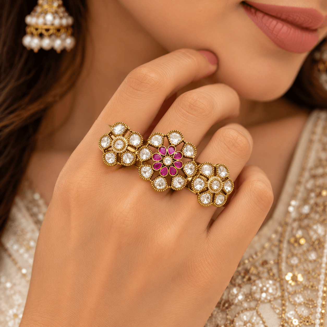 Antique Mehendi Polish Triple Flower Kundan Ring — view 2