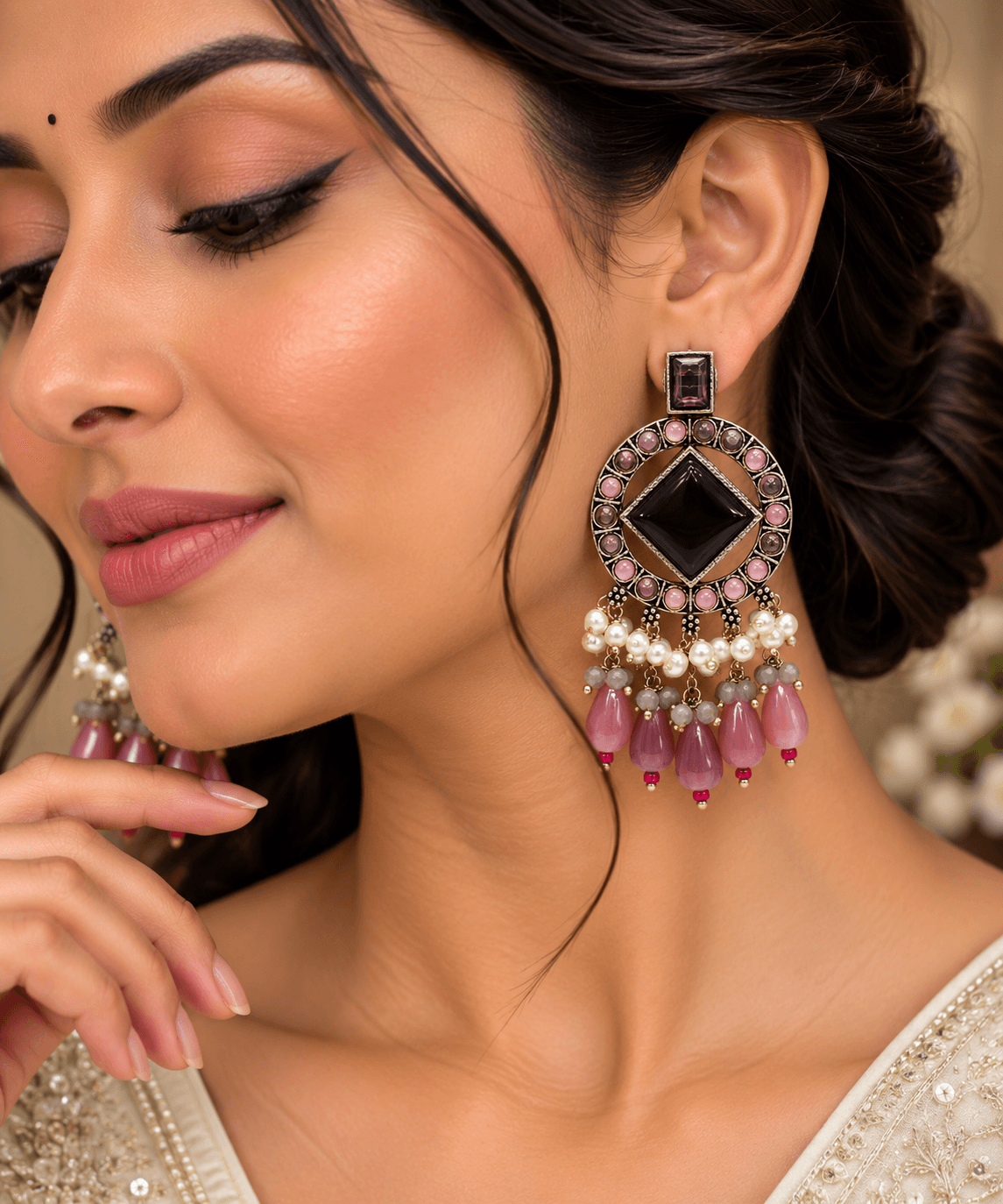 Original Jaipuri Oxidised Earrings – Wine & Baby Pink