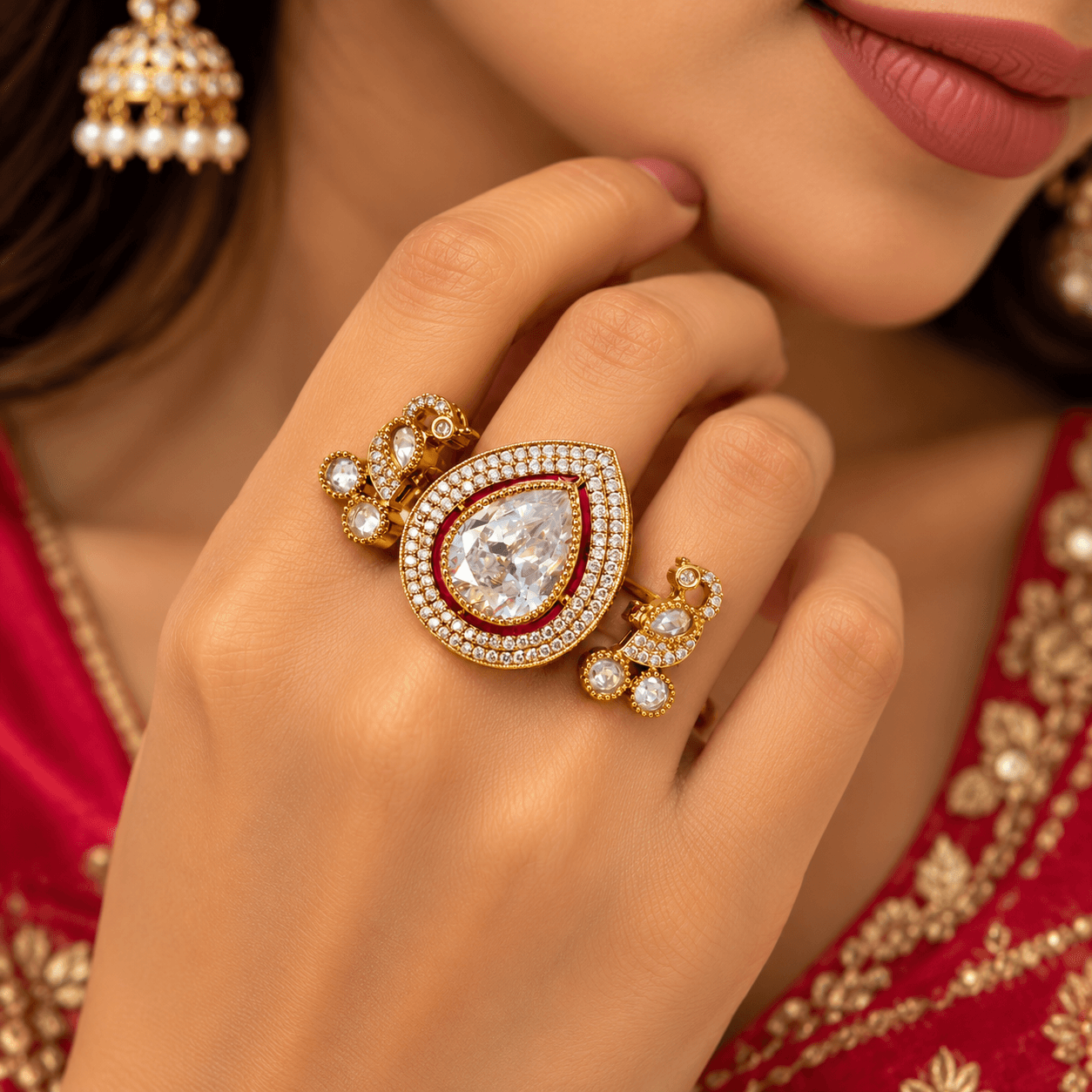 Antique Mehendi Polish Pear-Shaped Kundan Ring — alternate angle