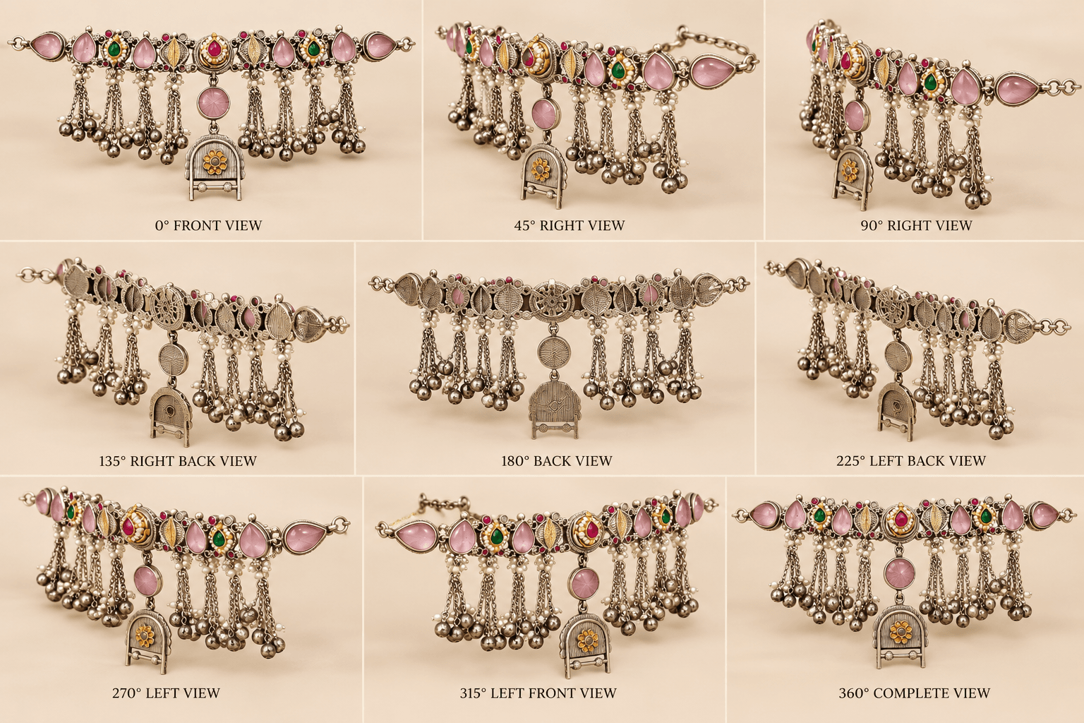 German Silver Baby Pink & Ruby-Green Choker Necklace Set — view 3