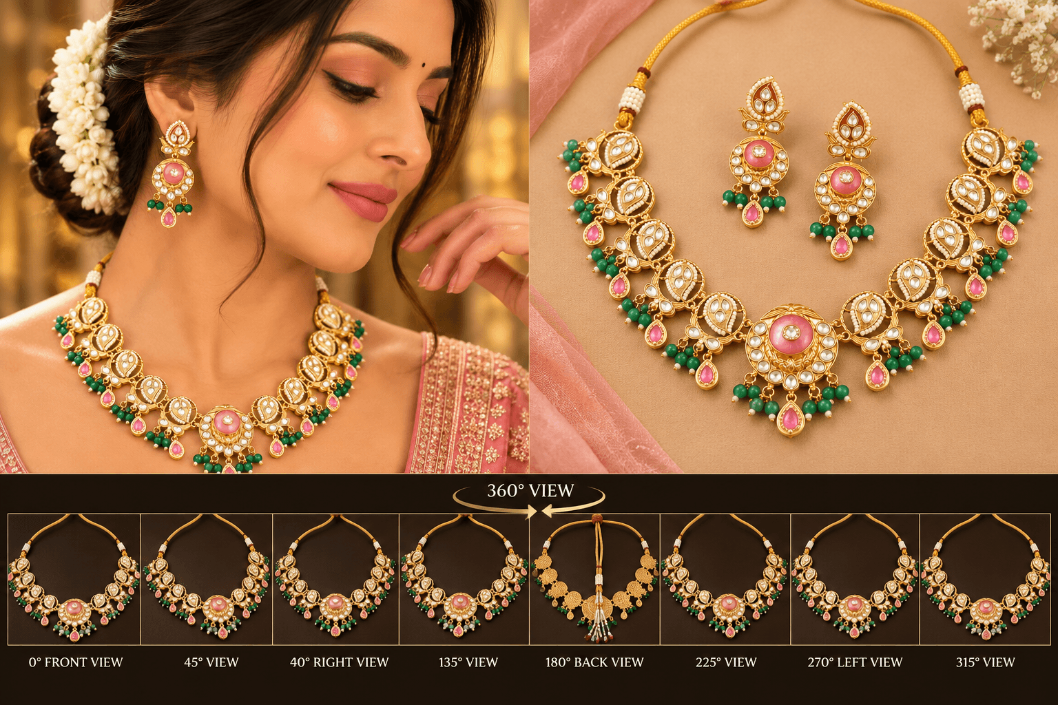 Antique Kundan Baby Pink & Mint Green Necklace Set — view 3