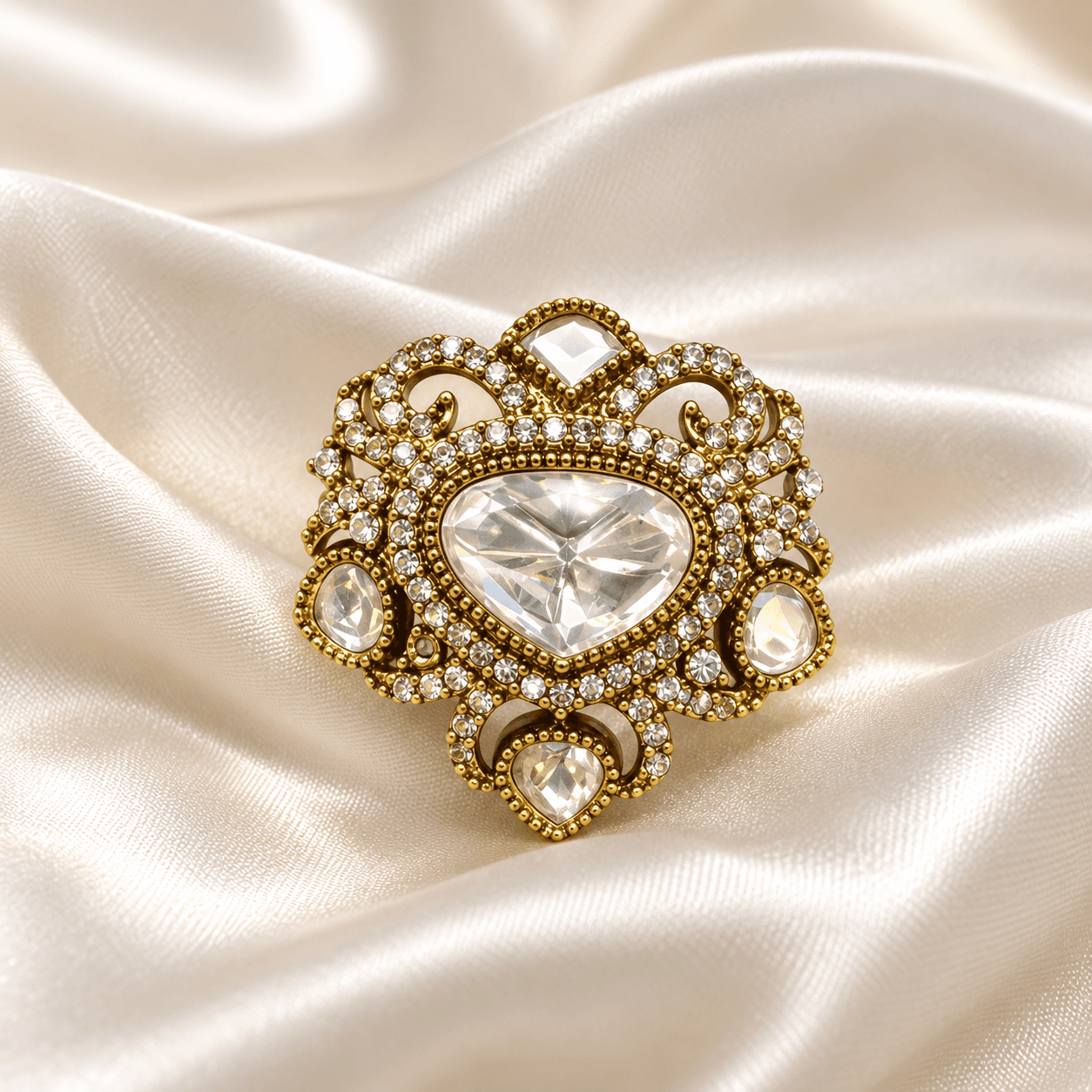 Mehandi Polish Antique Kundan & AD Statement Ring — view 1