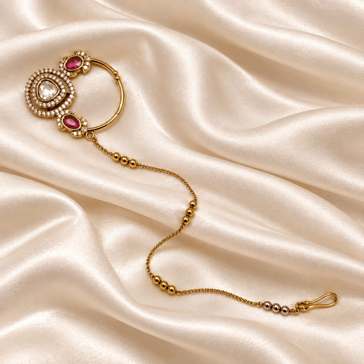 Antique Mehendi Polish Kundan Nath with Chain