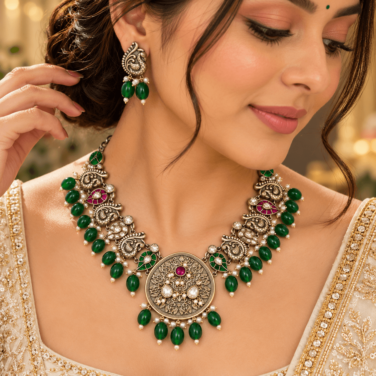 Jaipuri Peacock Filigree German Silver Necklace Set — Green Bead Drops — view 2