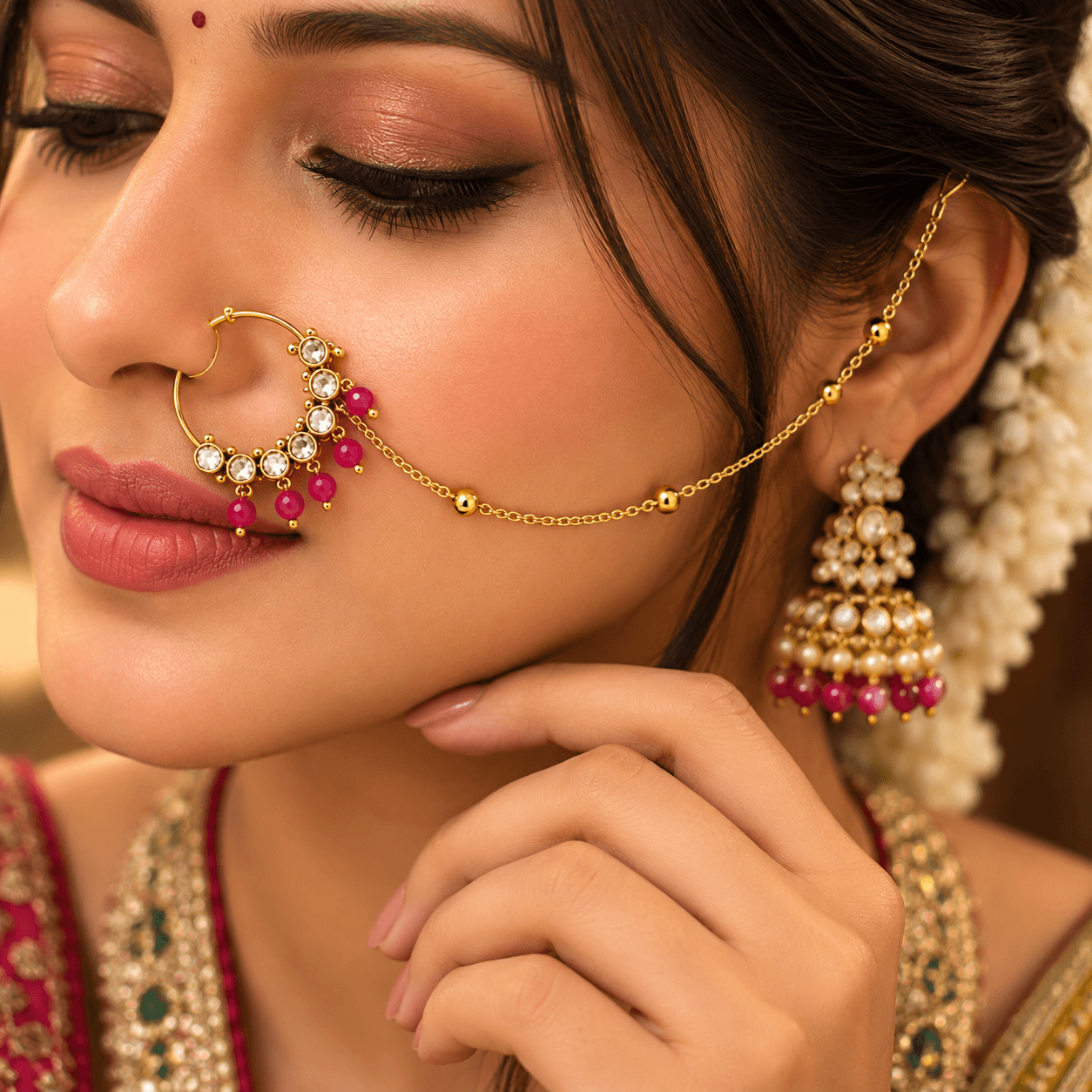 Royal Kundan Nathni with Ruby Bead Drops & Chain — view 2