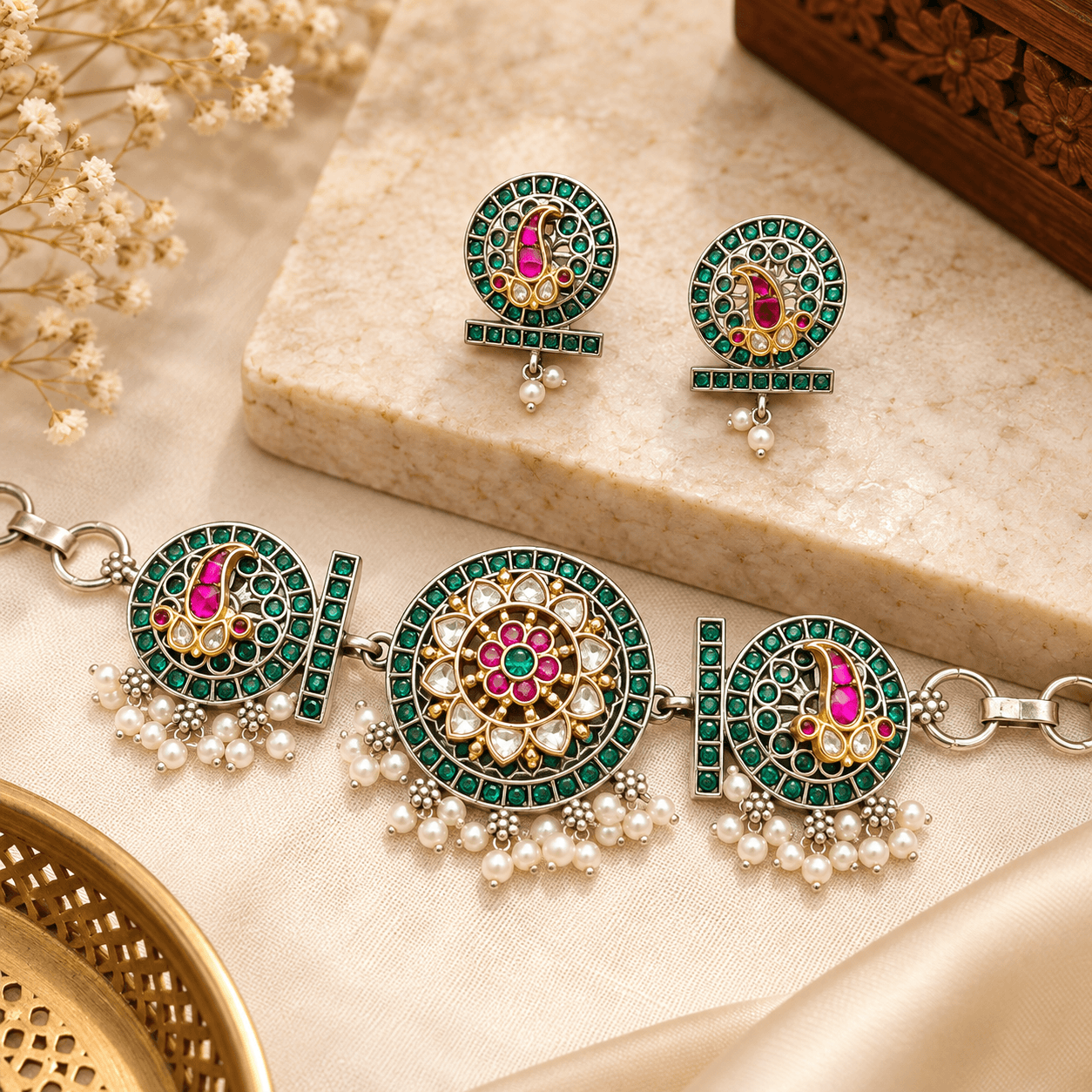 Green Ruby Peacock German Silver Choker Necklace Set — view 1