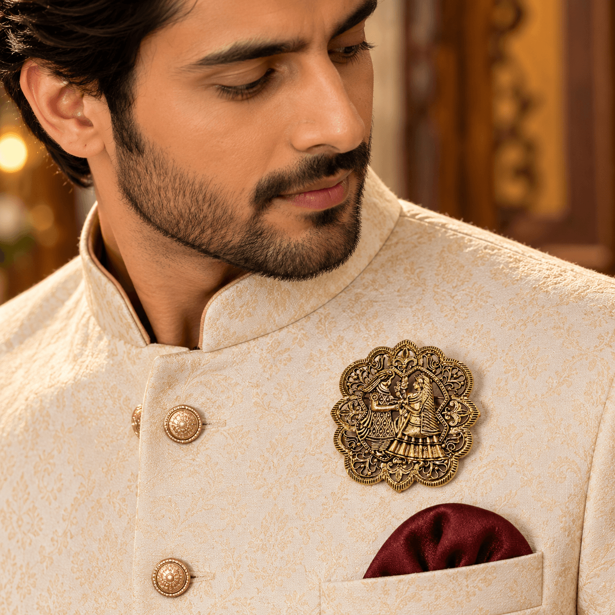Antique Gold Wedding Bride & Groom Sherwani Brooch — view 2