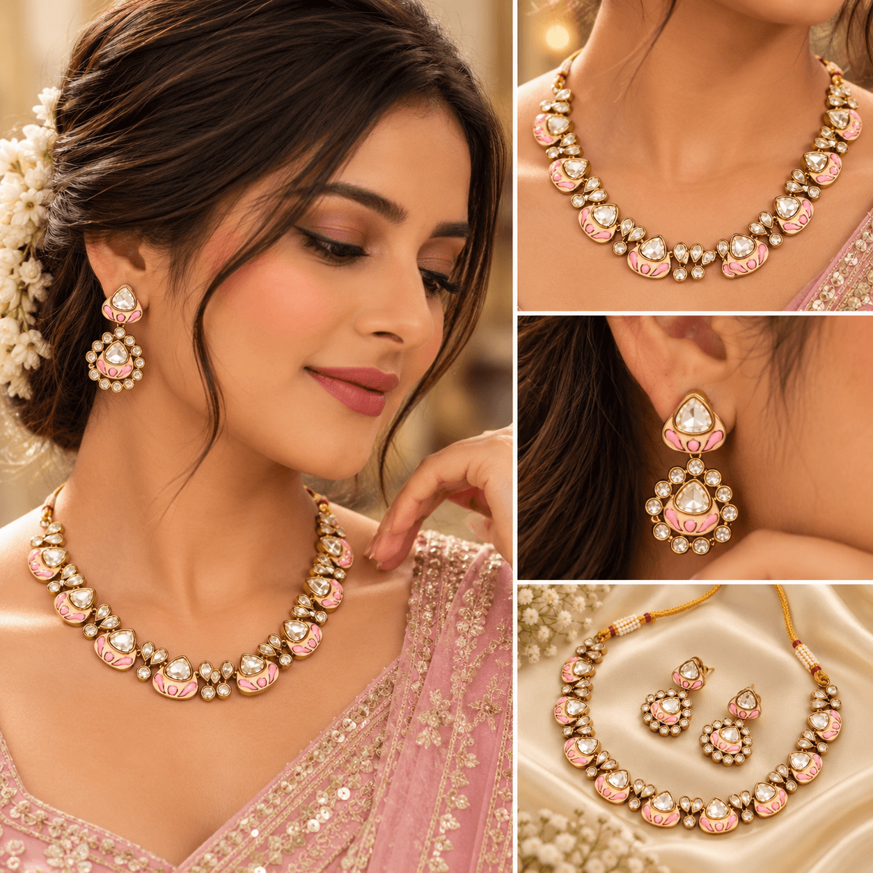 Mehendi Polish Baby Pink Meenakari Kundan Necklace Set — view 2