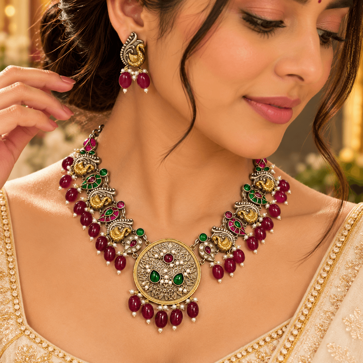 Two-Tone Jaipuri Peacock Medallion German Silver Necklace Set — view 2