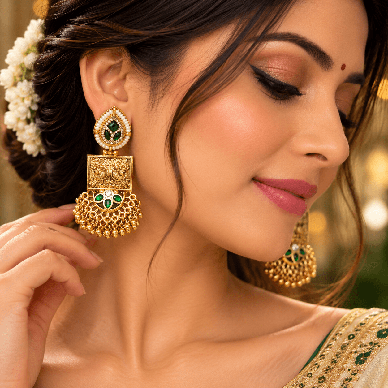 Antique Gold Dark Green Kundan Temple Drop Earrings — view 2