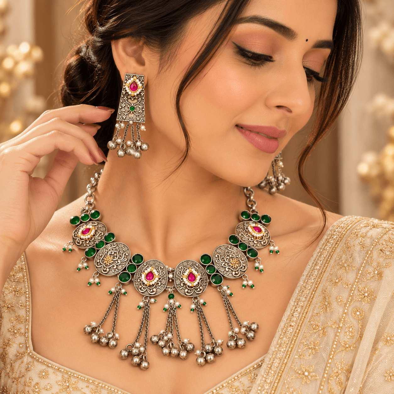 Jaipuri German Silver Green & Ruby Tassel Necklace Set — view 2