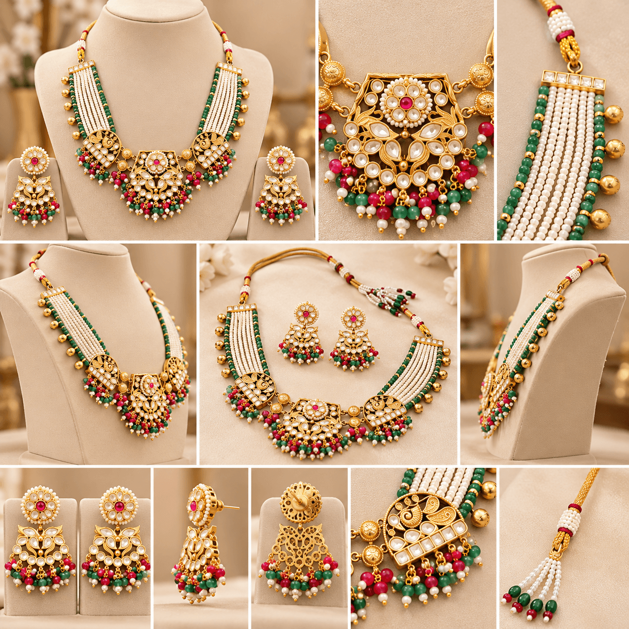 Royal Foil Kundan & Kidea Moti Antique Necklace Set — view 3
