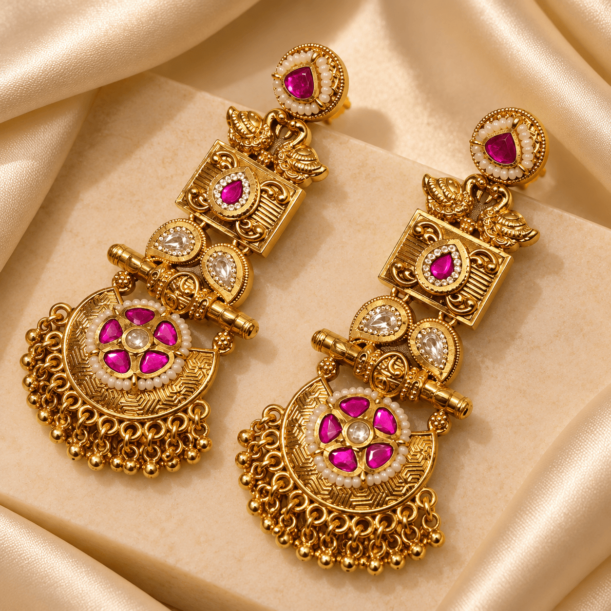 Antique Gold Ruby Kundan Temple Dangler Earrings — view 1