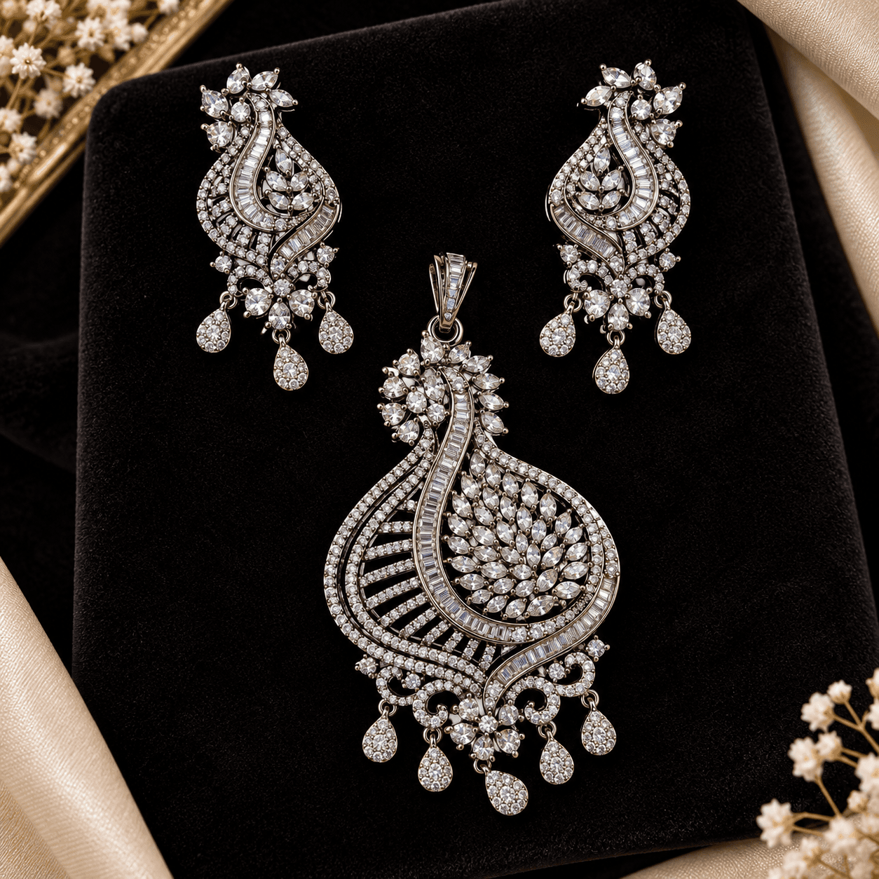 Elegant Black Polish American Diamond Pendant Set — view 1