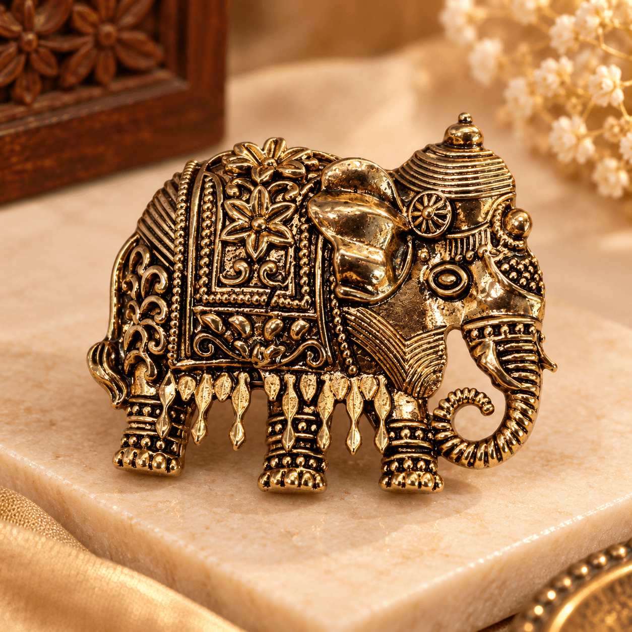 Antique Gold Elephant Sherwani Brooch Pin — view 1