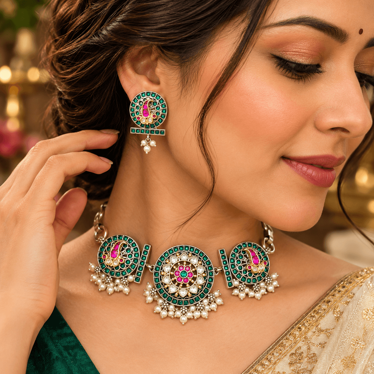 Green Ruby Peacock German Silver Choker Necklace Set — view 2