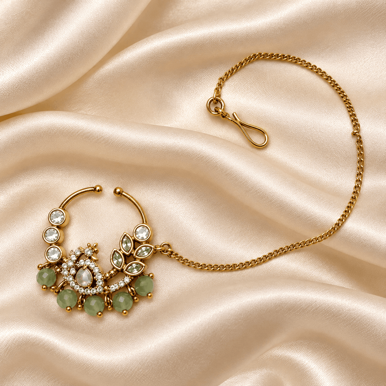 Antique Peacock Kundan Press Nath with Chain — view 1