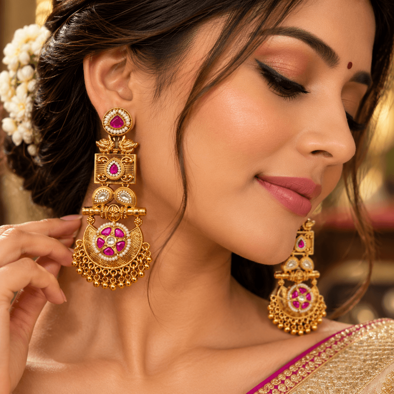 Antique Gold Ruby Kundan Temple Dangler Earrings — view 2