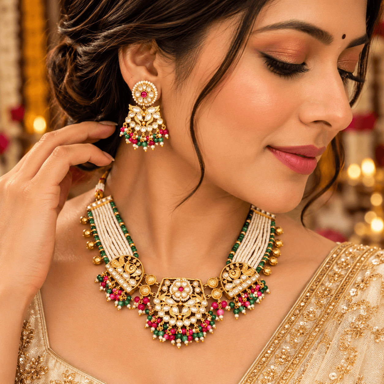 Royal Foil Kundan & Kidea Moti Antique Necklace Set — view 2