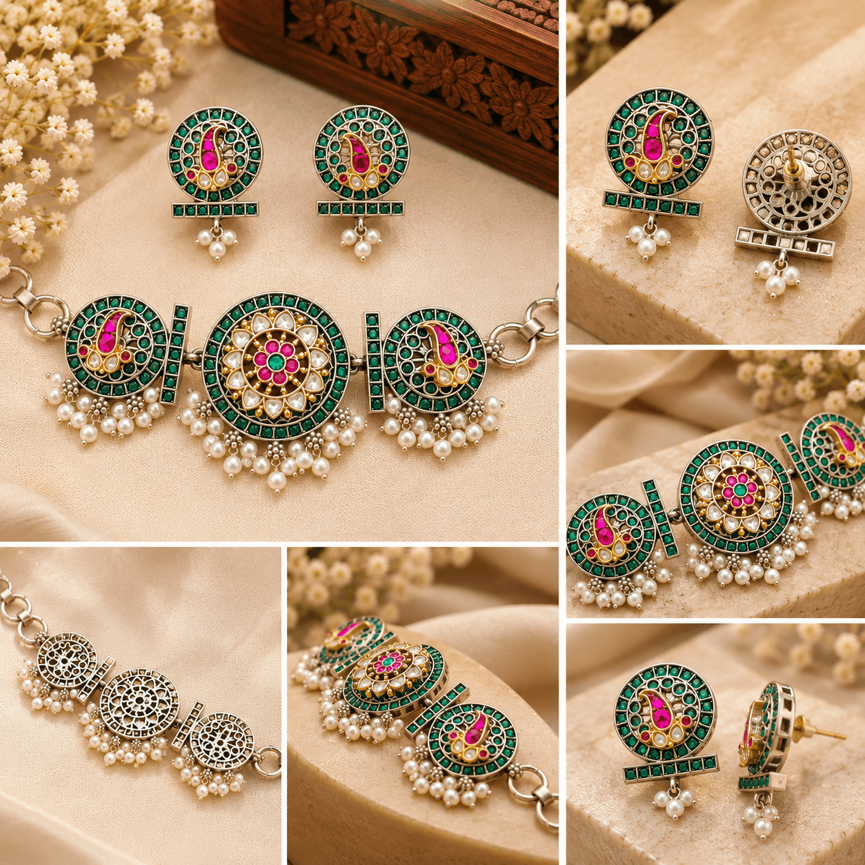 Green Ruby Peacock German Silver Choker Necklace Set — view 3