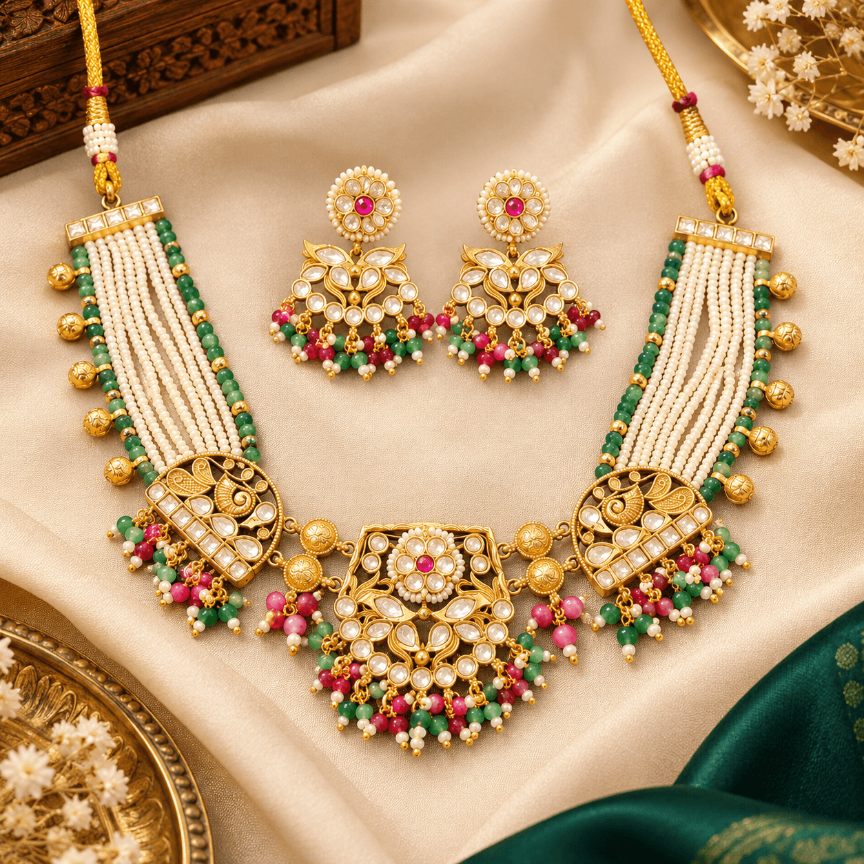 Royal Foil Kundan & Kidea Moti Antique Necklace Set — view 1