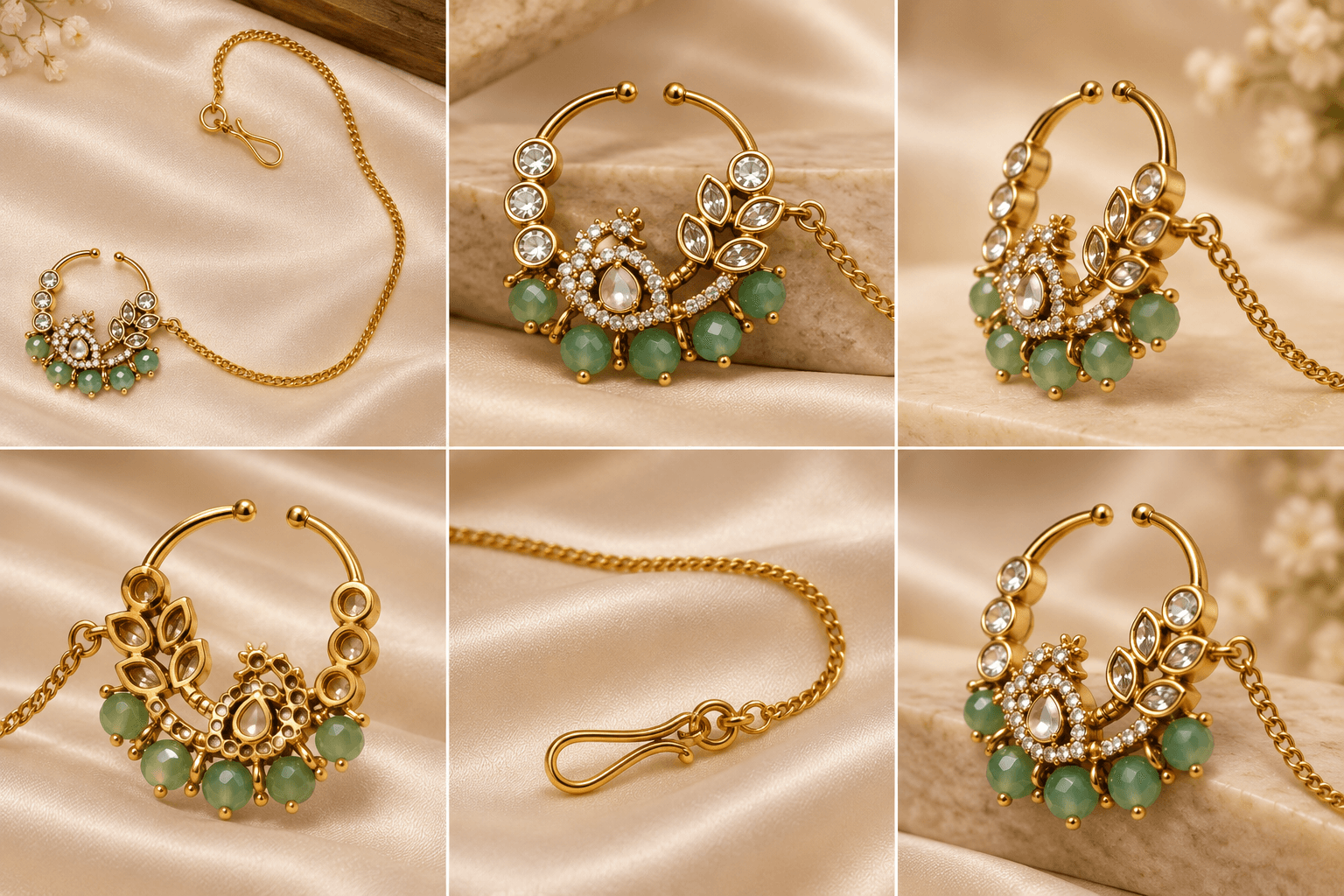 Antique Peacock Kundan Press Nath with Chain — view 3