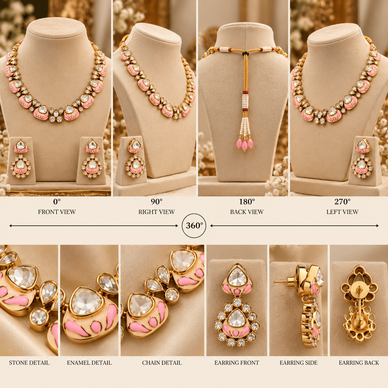Mehendi Polish Baby Pink Meenakari Kundan Necklace Set — view 3