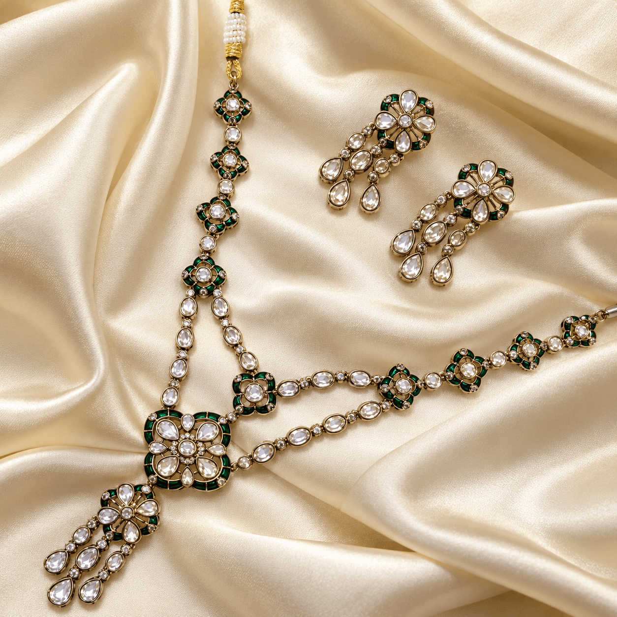 Mahendi Polish Green Meenakari Kundan Necklace Set — view 1