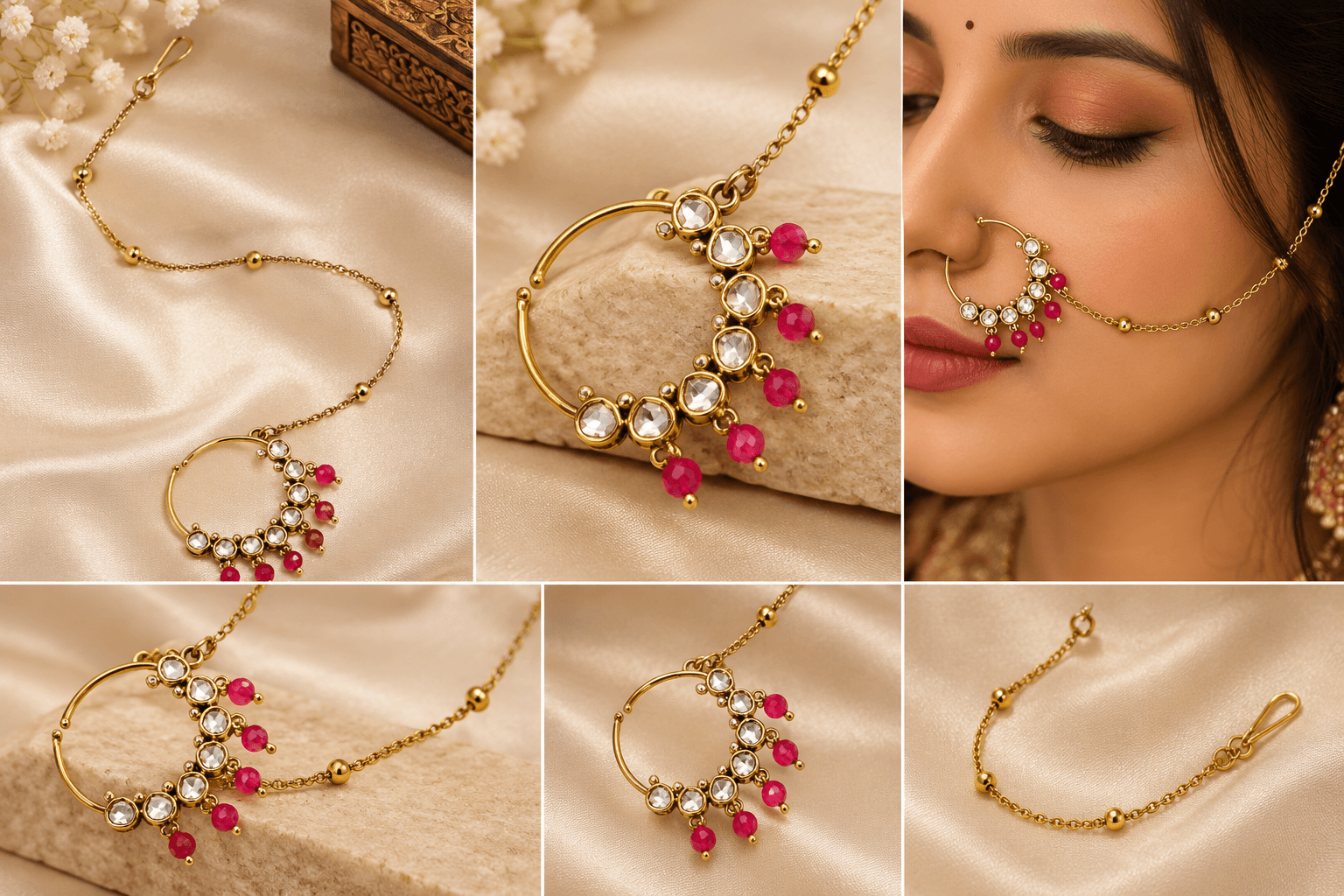 Royal Kundan Nathni with Ruby Bead Drops & Chain — view 3