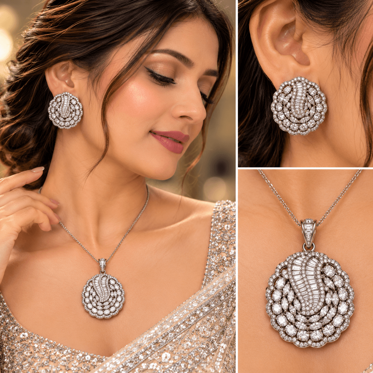 Black Polish American Diamond & Chekar Stone Pendant Set with Matching Earrings — view 2