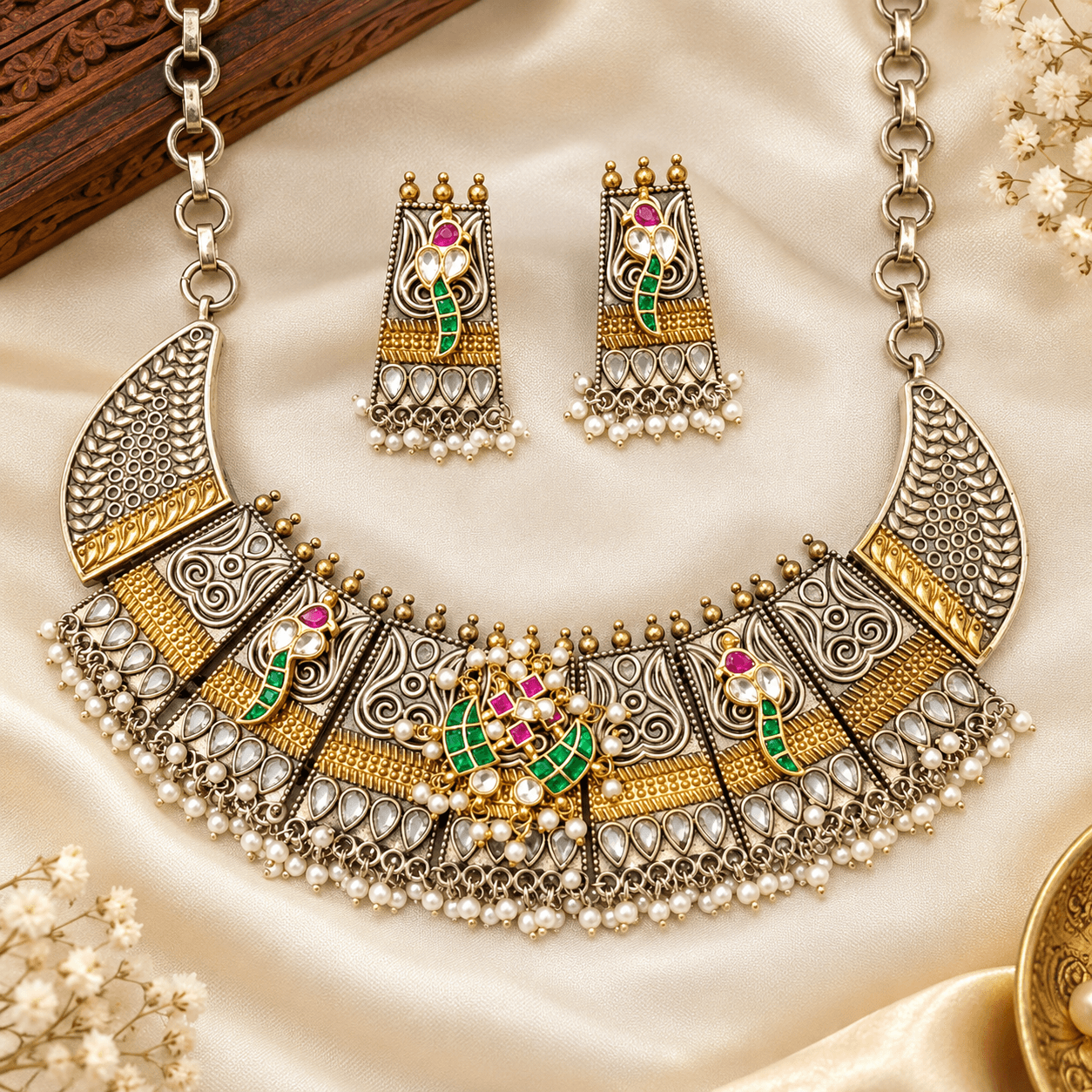 Jaipuri German Silver Meenakari Pearl Fringe Necklace Set — view 1